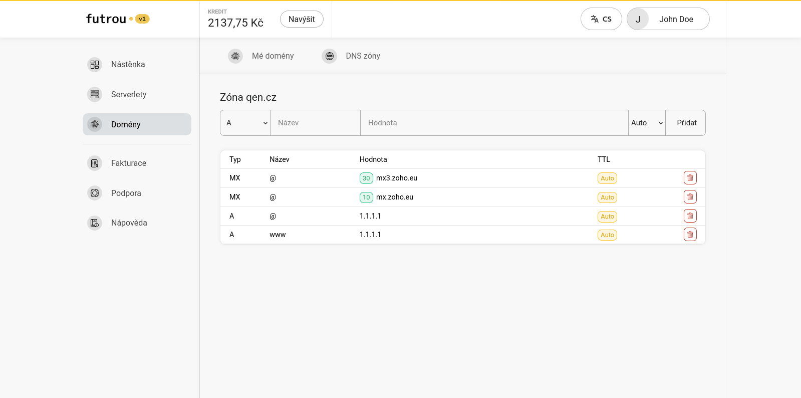 DNS zóna ve Futrou v1